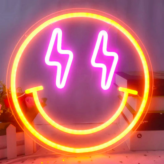 Smiley Face Lighting Bolt Neon Sign